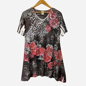 Y2K Jess & Jane Red Rose Leopard Graphic Tee Sequin Mini Dress - Medium